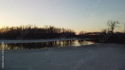 sunset over the river aerial view 