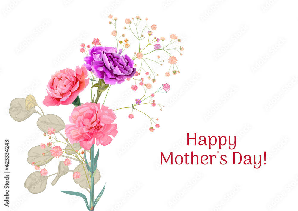 Horizontal Mother's Day, Victory Day card with carnation: red, pink, flowers, twigs gypsophile, white background. Templates for design, vintage botanical illustration in watercolor style, vector Horizontal Mother's Day, Victory Day card with carnation: red, pink, flowers, twigs gypsophile, white background. Templates for design, vintage botanical illustration in watercolor style, vector