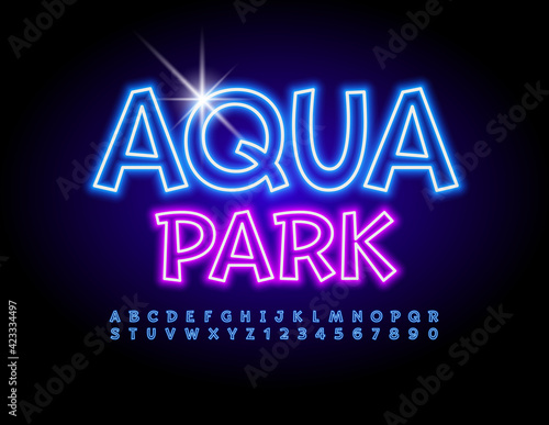 Vector bright Neon Emblem Aqua Park. Glowing Uppercase Font. Artistic Alphabet Letters and Numbers.