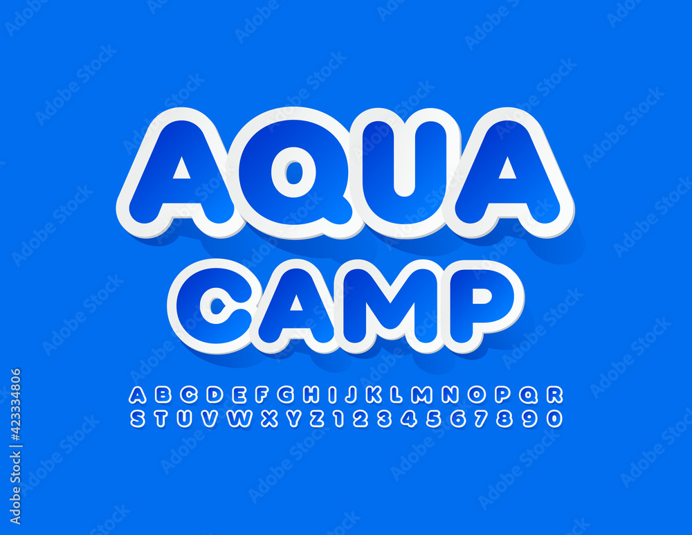 Vector creative emblem Aqua Camp. Blue sticker Font. Modern set of Alphabet Letters and Numbers