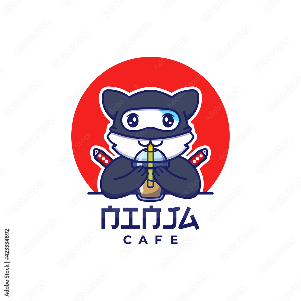 Cute ninja cat drinking logo