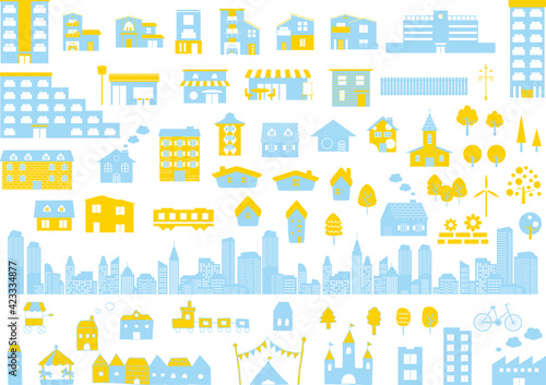 いろいろな種類の建物セット　イエロー ブルー