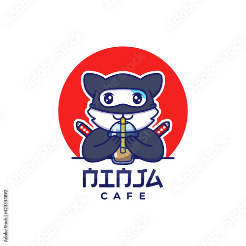 Cute ninja cat drinking logo