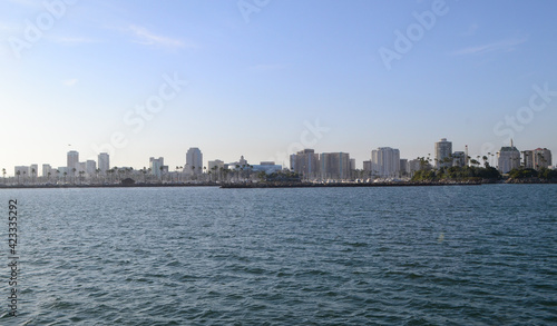 Long Beach modern city skyline, marina and Shoreline Village in City of Long Beach, Los Angeles County, California CA, USA.