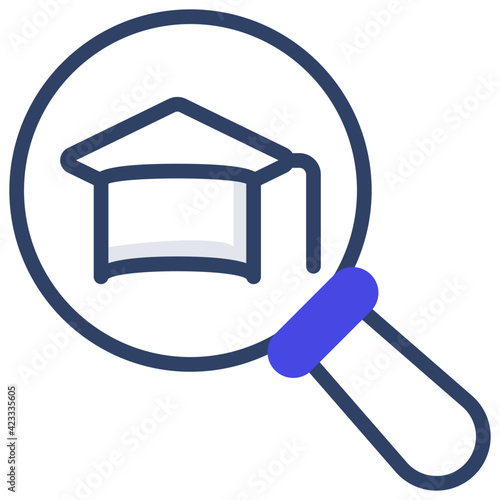 Educational search icon, outline design of mortarboard inside magnifier