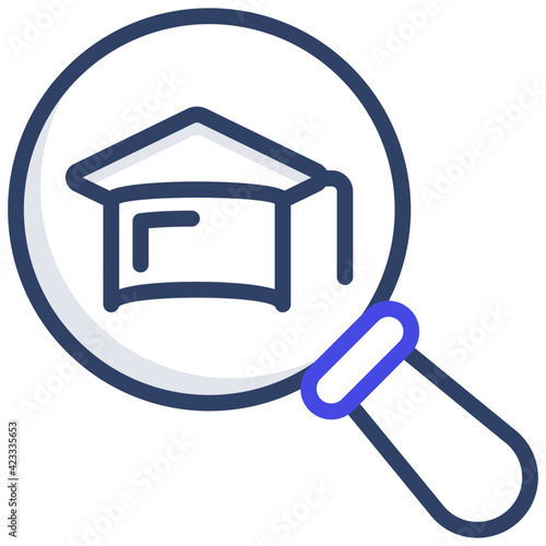 Academic search icon, outline design of mortarboard inside magnifier