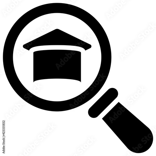 Educational search icon, filled design of mortarboard inside magnifier