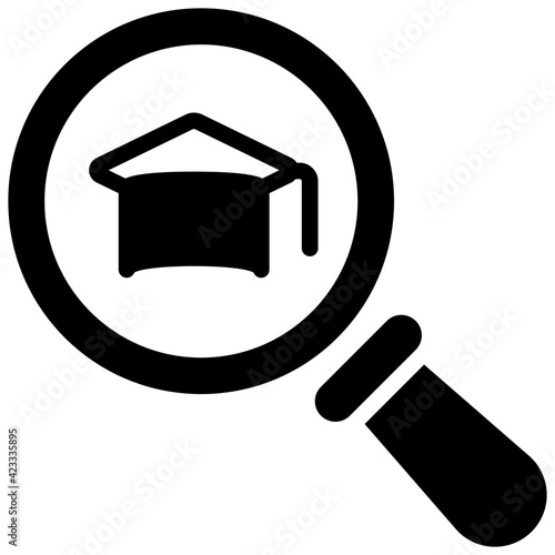 Academic search icon, filled design of mortarboard inside magnifier