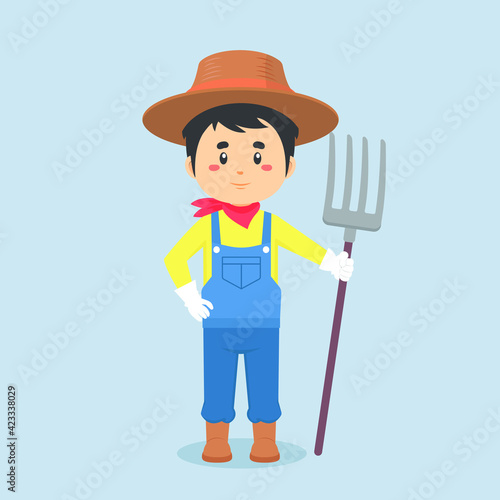 Cartoon Character Farmer Holding Rake