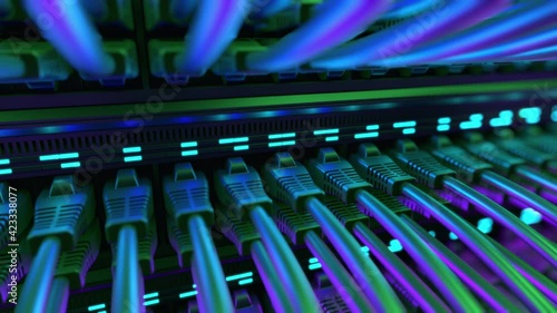 Internet Network Switch With Plugged Ethernet Cables.