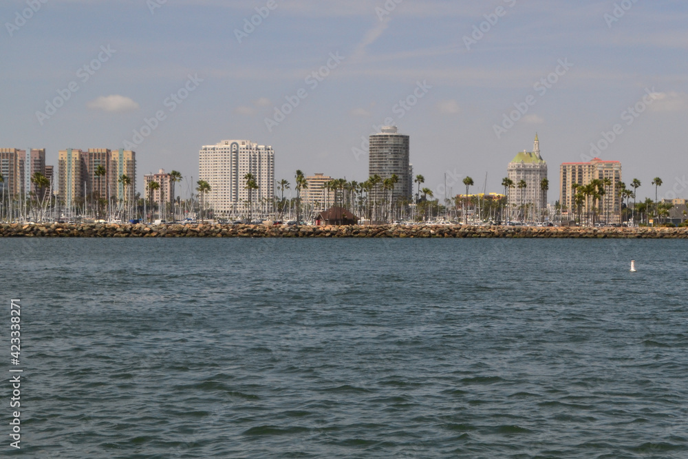 Long Beach modern city skyline, marina and Shoreline Village in City of Long Beach, Los Angeles County, California CA, USA.