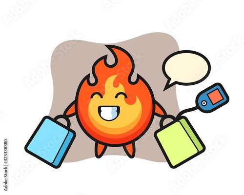 fire mascot cartoon holding a shopping bag