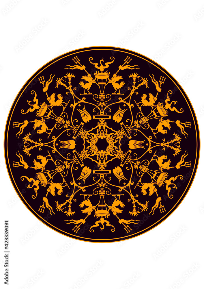 classical Mandala, rosette, eight-pointed star, set of Ornamental vector rosettes, snowflakes gold on burgundy background classical Mandala, rosette, eight-pointed star, set of Ornamental vector rosettes, snowflakes gold on burgundy background