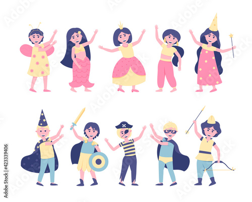 A set of children in carnival costumes for the holiday. To participate in the holiday, young men and women dressed up in the costumes of heroes. Carnival, birthday. Flat vector illustration.