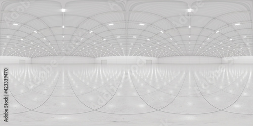 Full spherical hdri panorama 360 degrees of empty exhibition space. backdrop for exhibitions and events. Tile floor. Marketing mock up. 3D render illustration