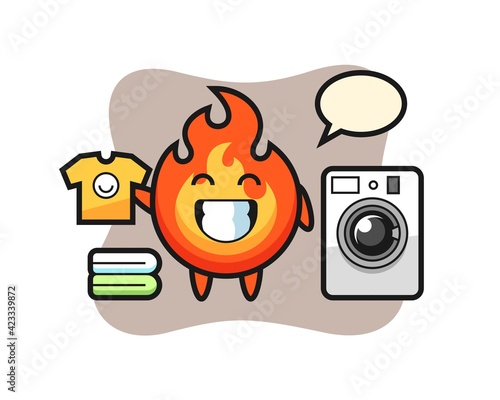 Mascot cartoon of fire with washing machine