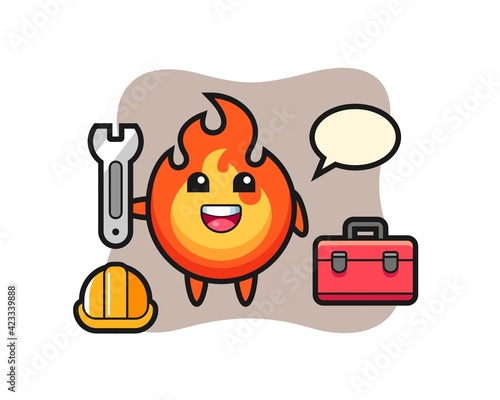 Mascot cartoon of fire as a mechanic