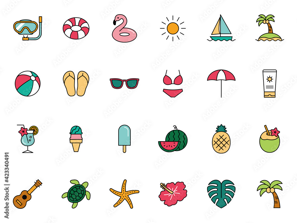 Fotografie Summer beach item vector icon 夏のビーチアイコンセット