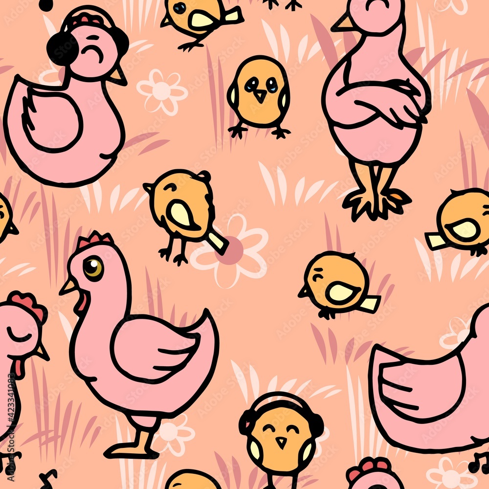 Chickens and chicks. Seamless illustration. Cartoon sketch style. Hand outline drawing cheerful funny animal. vector Chickens and chicks. Seamless illustration. Cartoon sketch style. Hand outline drawing cheerful funny animal. vector