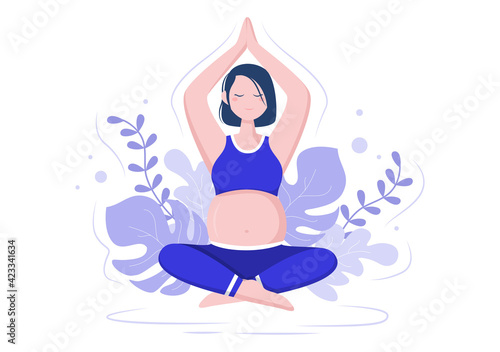 Pregnant Woman Doing Yoga Poses With Relaxing, Meditation, Balance Exercises and Stretching. Flat Design Vector Illustration