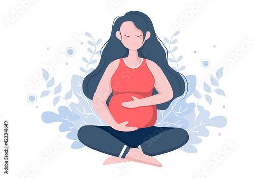 Pregnant Woman Doing Yoga Poses With Relaxing, Meditation, Balance Exercises and Stretching. Flat Design Vector Illustration