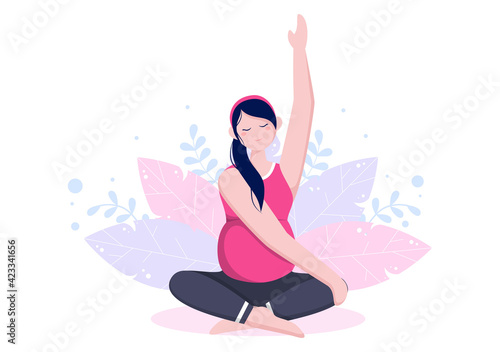 Pregnant Woman Doing Yoga Poses With Relaxing, Meditation, Balance Exercises and Stretching. Flat Design Vector Illustration