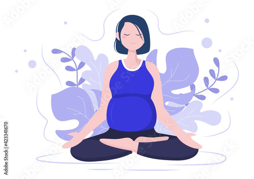 Pregnant Woman Doing Yoga Poses With Relaxing, Meditation, Balance Exercises and Stretching. Flat Design Vector Illustration
