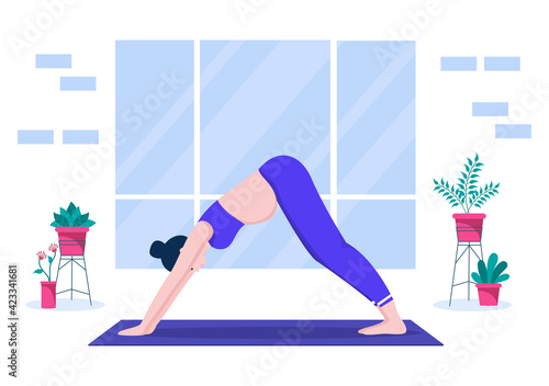 Pregnant Woman Doing Yoga Poses With Relaxing, Meditation, Balance Exercises and Stretching. Flat Design Vector Illustration