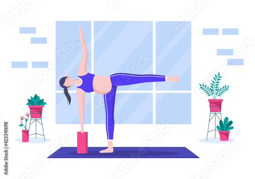 Pregnant Woman Doing Yoga Poses With Relaxing, Meditation, Balance Exercises and Stretching. Flat Design Vector Illustration