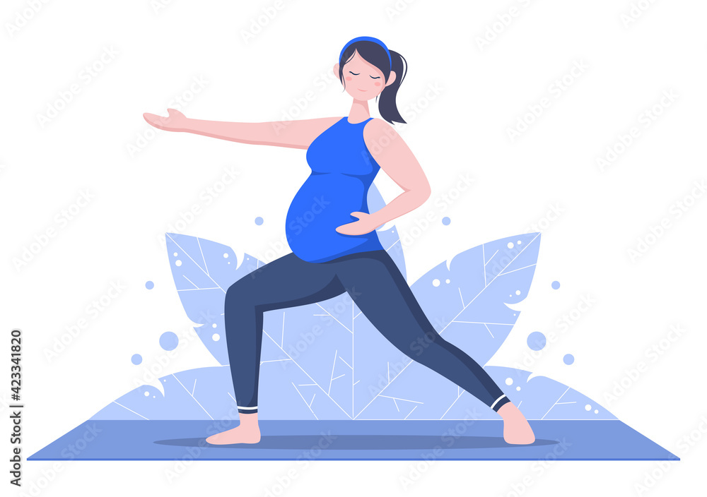 Pregnant Woman Doing Yoga Poses With Relaxing, Meditation, Balance Exercises and Stretching. Flat Design Vector Illustration
