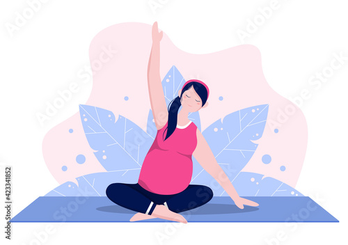 Pregnant Woman Doing Yoga Poses With Relaxing, Meditation, Balance Exercises and Stretching. Flat Design Vector Illustration