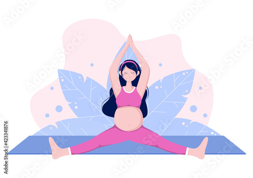 Pregnant Woman Doing Yoga Poses With Relaxing, Meditation, Balance Exercises and Stretching. Flat Design Vector Illustration