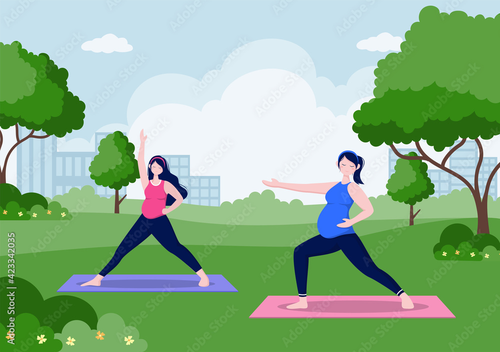 Pregnant Woman Doing Yoga Poses With Relaxing, Meditation, Balance Exercises and Stretching. Flat Design Vector Illustration Pregnant Woman Doing Yoga Poses With Relaxing, Meditation, Balance Exercises and Stretching. Flat Design Vector Illustration
