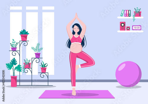 Pregnant Woman Doing Yoga Poses With Relaxing, Meditation, Balance Exercises and Stretching. Flat Design Vector Illustration