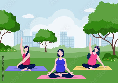 Pregnant Woman Doing Yoga Poses With Relaxing, Meditation, Balance Exercises and Stretching. Flat Design Vector Illustration