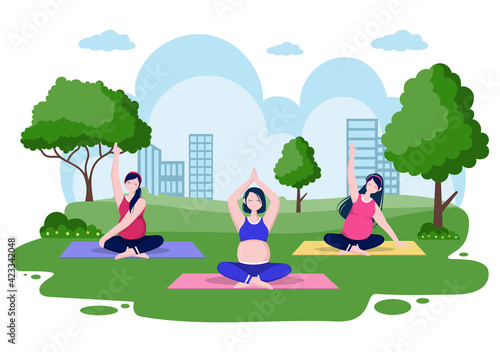 Pregnant Woman Doing Yoga Poses With Relaxing, Meditation, Balance Exercises and Stretching. Flat Design Vector Illustration