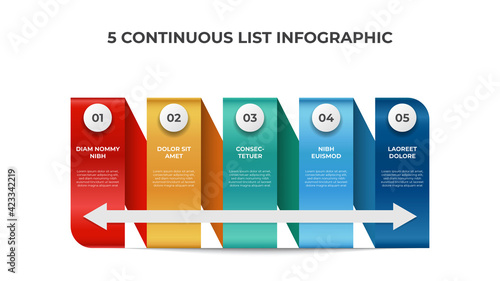 Continuous list diagram with 5 points, infographic element layout template vector