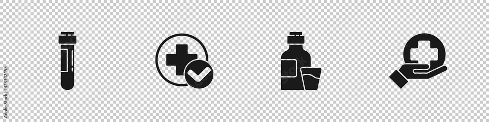 Obraz premium Set Test tube with blood, Cross hospital medical, Bottle of medicine syrup and icon. Vector