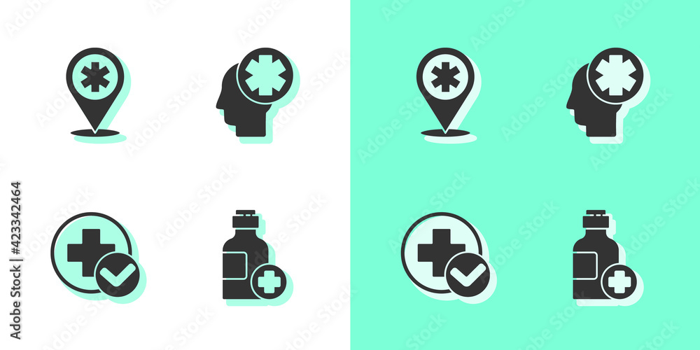 Set Bottle of medicine syrup, Map pointer with cross hospital, Cross medical and Male head icon. Vector Set Bottle of medicine syrup, Map pointer with cross hospital, Cross medical and Male head icon. Vector