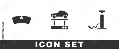 Set Windshield, Repair car on a lift and Car pump icon. Vector
