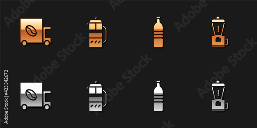 Set Coffee street truck machine, French press, Bottle water and Electric coffee grinder icon. Vector
