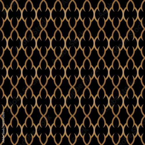 Abstract of shield pattern. Design morocco style gold on black background. Design print for illustration, texture, wallpaper, background. 