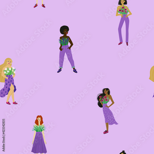 Seamlees pattern with women of different ethnicity