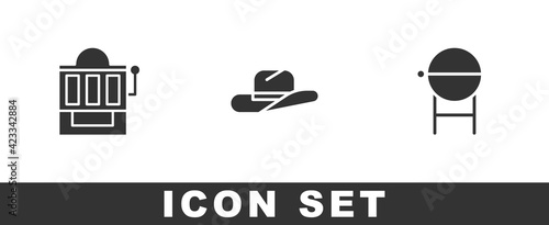 Set Slot machine, Western cowboy hat and Barbecue grill icon. Vector