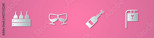 Set paper cut Bottles of wine in a wooden box, Glass cognac or brandy, Opened bottle and Street signboard with Bar icon. Paper art style. Vector