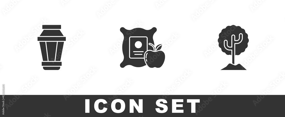 Set Garden light lamp, Apple in the sack and Tree icon. Vector