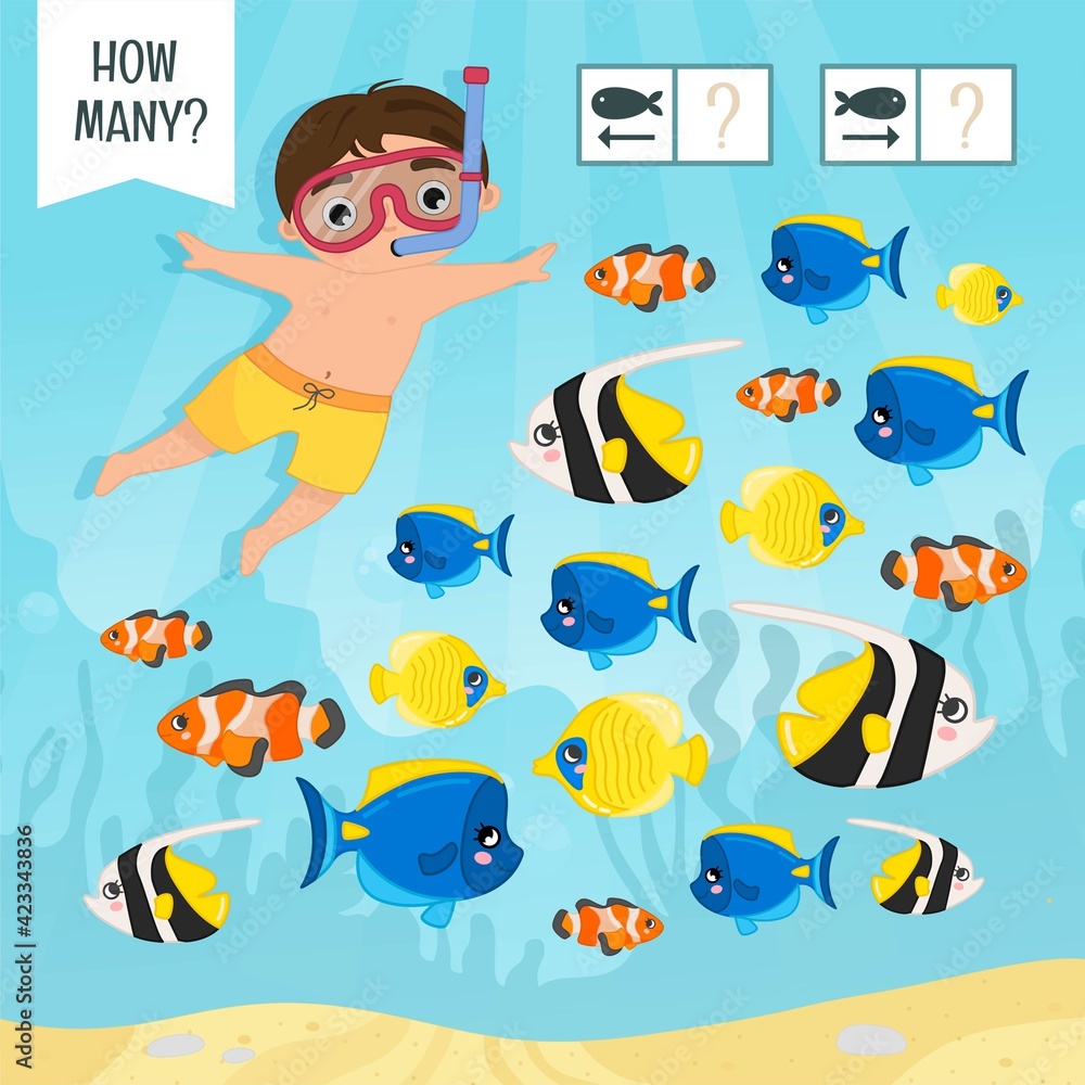Counting educational children game, math kids activity sheet. How many fish swim left and right? Counting educational children game, math kids activity sheet. How many fish swim left and right?