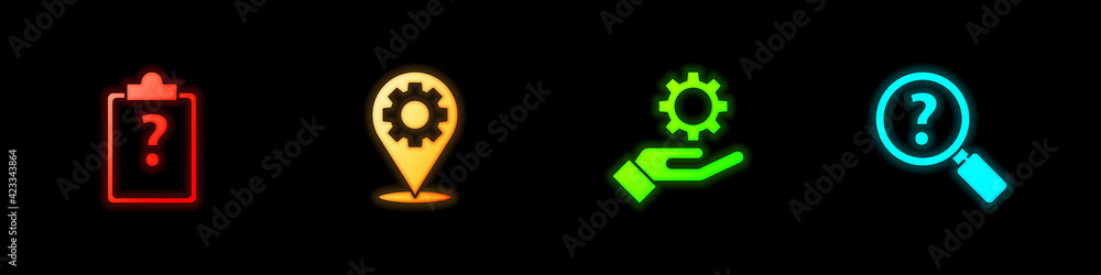 Set Clipboard with question marks, Location gear, Settings in the hand and Unknown search icon. Vector Set Clipboard with question marks, Location gear, Settings in the hand and Unknown search icon. Vector