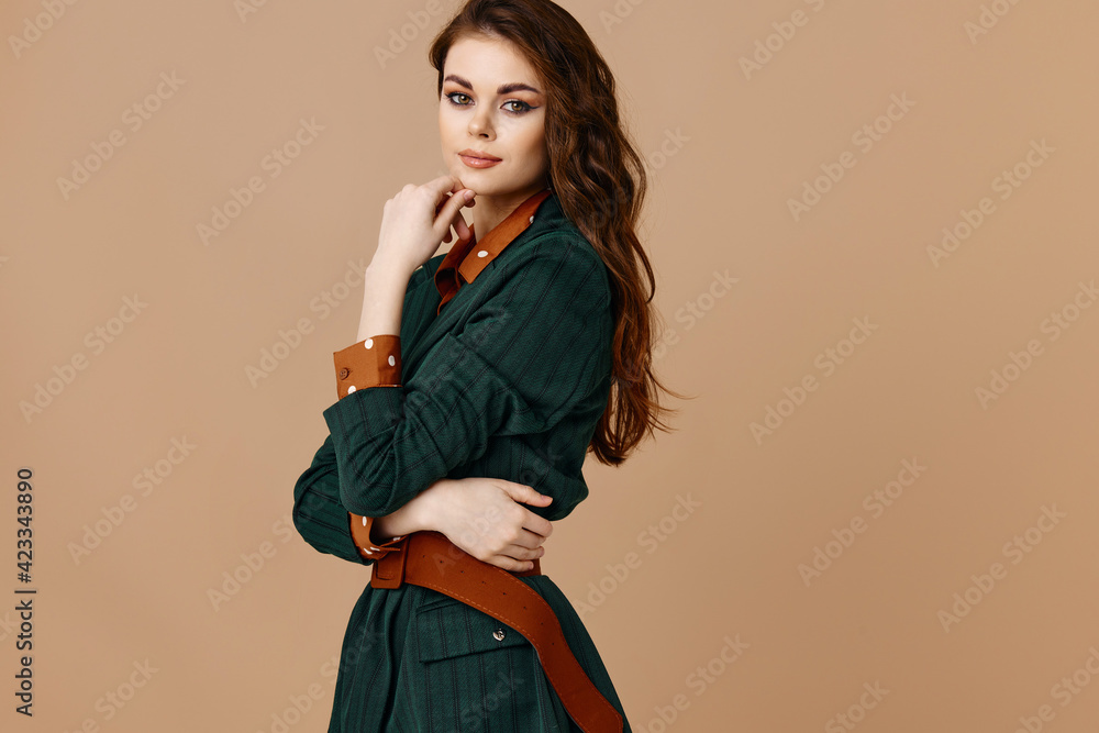 chic woman in shirt with belt and red sleeves model chic woman in shirt with belt and red sleeves model