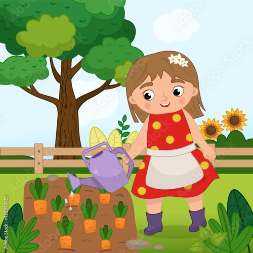 Vector farm illustration in cartoon style. The girl is watering the vegetable garden.